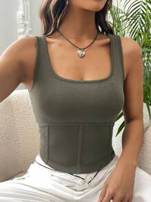 SHEIN EZwear 素色短款背心 - 軍綠色 - 查看 5