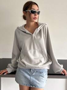 DAZY Letter Embroidery Raglan Sleeve Half Zip Hoodie,Long Sleeve Tops Sweatshirt - Grey - View 3