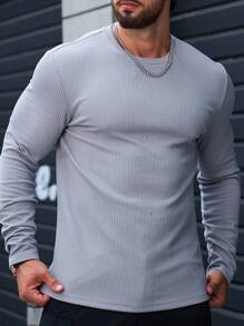 Manfinity Homme Hombres Camiseta unicolor tejido de canalé - Neblina azul - Ver 3
