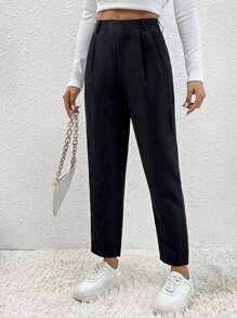 SHEIN PETITE 素色褶皺蘿蔔褲 - 黑色 - 查看 1