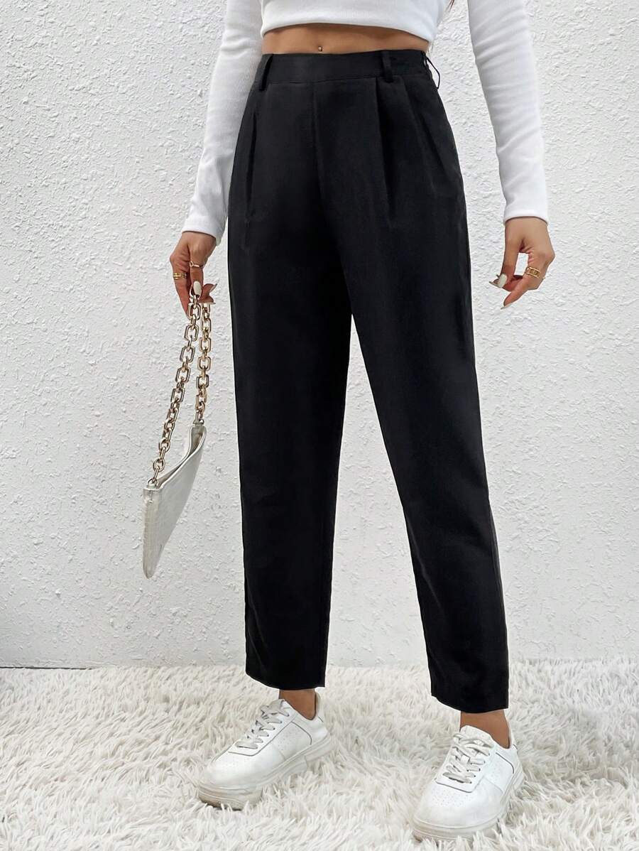 SHEIN PETITE 素色褶皺蘿蔔褲 - 黑色 - 查看 1