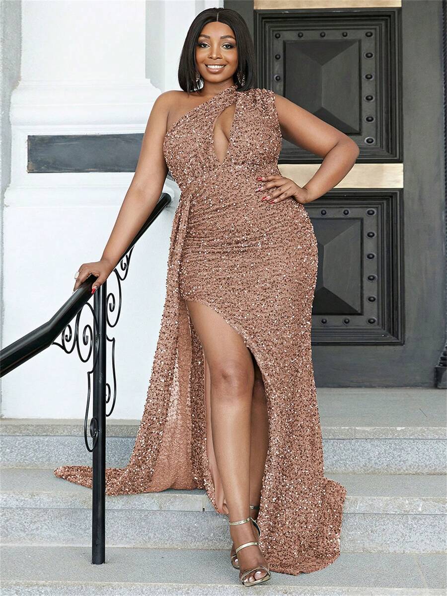 seomiscky Plus One Shoulder Cut Out Draped Side Split Thigh Sequin Formal Dress - Gold - View 1