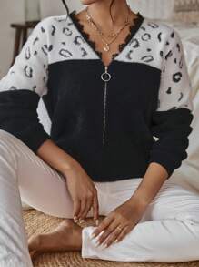 SHEIN LUNE Graphic Pattern Eyelash Lace Trim Drop Shoulder Cardigan - Black and White - View 1