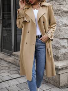 SHEIN LUNE Đôi ngực Thắt lưng Áo khoác Trench - Màu Khaki - Xem 1
