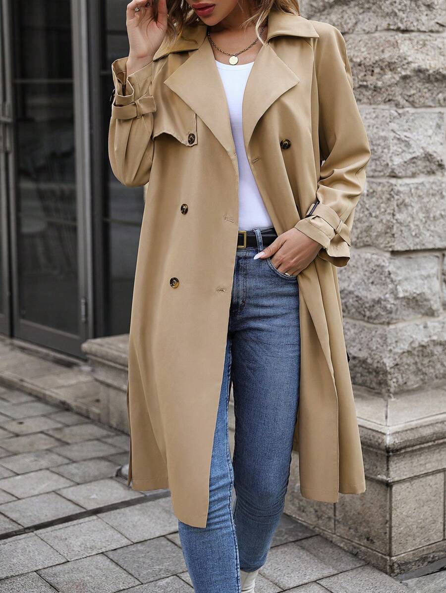 SHEIN LUNE Đôi ngực Thắt lưng Áo khoác Trench - Màu Khaki - Xem 1