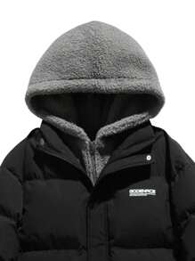 男士字母拼接抽绳下摆连帽棉服外套