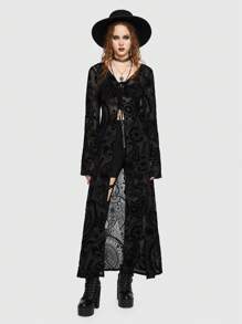 ROMWE Goth In hoa Tie Trước Kiểu Dài Áo - màu đen - Xem 1