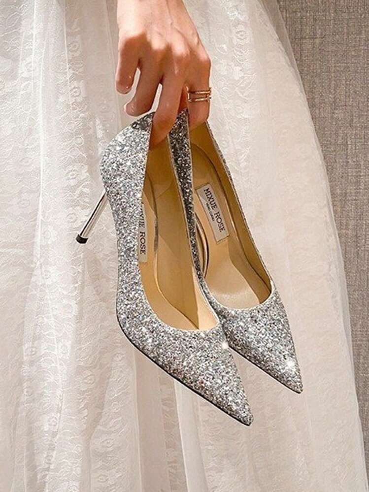 Zapatos De Tacón De Mujer Elegantes Con Punta Puntiaguda - Plateado - Añade 1