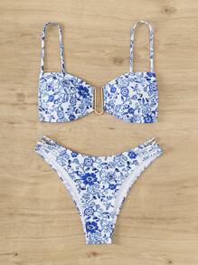 SHEIN Swim 夏季沙灘花卉印花剪裁比基尼套裝 - 藍白色 - 查看 6