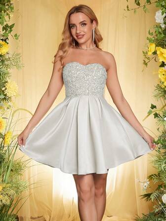 ANGEL FASHIONS Elegant Party Sequin Patchwork Strapless Dress