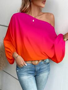 SHEIN LUNE Ombre Asymmetrical Neck Batwing Sleeve Blouse One Shoulder Top - Multicolor - View 6