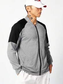 Gym Rark Men Colorblock Zip Up Raglan Sleeve Bomber Sports Jacket Workout Tops Grey Jacket Sports Jacket - Grey - View 3