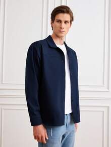 RueChic Men Solid Button Front Shacket - Navy Blue - View 4