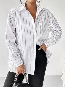 SHEIN Essnce Áo Sơ Mi Sọc Dài Tay Xuân Thu Nữ - trắng - Xem 7