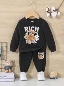 SHEIN Baby Boy Bear And Letter Graphic Sweatshirt & Sweatpants - Black - View 4