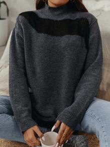 SHEIN LUNE Plus Contrast Mesh Mock Neck Drop Shoulder Sweater - Dark Grey - View 7