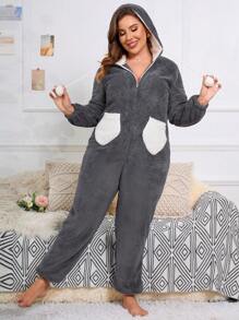 可愛口袋 拉鍊撞色大碼睡衣連體褲 - 灰色 - 查看 1
