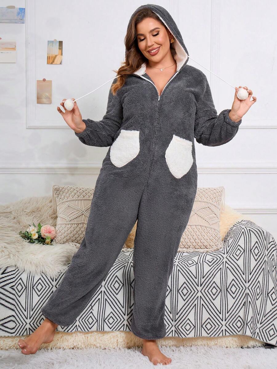 可愛口袋 拉鍊撞色大碼睡衣連體褲 - 灰色 - 查看 1