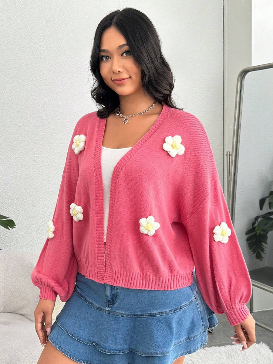 SHEIN EZwear 大碼立體花卉落肩袖開襟開衫 - 粉色 - 查看 1