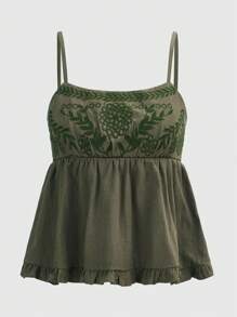 ROMWE Fairycore Top de tirantes con bordado floral y dobladillo con volantes - Verde militar - Ver 1