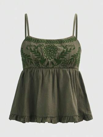 Fairycore Floral Embroidery Ruffle Hem Cami Top
