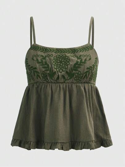 Fairycore Floral Embroidery Ruffle Hem Cami Top