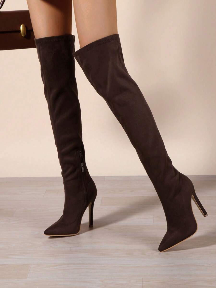 高跟鞋彈性過膝靴帶側拉鍊和尖頭適合女士