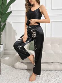 Women's Solid Color Camisole And Floral Print Pants Pajama Set - Black - View 5