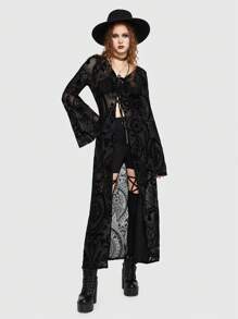 ROMWE Goth In hoa Tie Trước Kiểu Dài Áo - màu đen - Xem 3