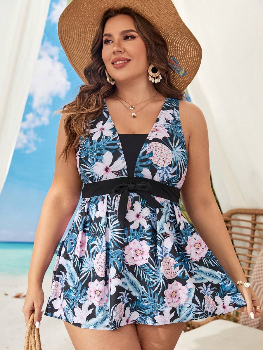 SHEIN Swim Curve Plus Tropical Print Tie Front Tankini - Black - View 1