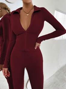 SHEIN Unity Zip Up Ribbed Knit Jacket & Leggings - Burgundy - View 1