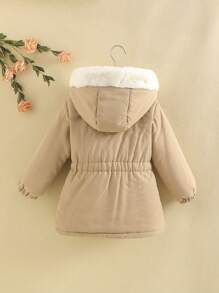 SHEIN Young Girl Zip Up Elastic Waist Hooded Thermal Lined Coat - Coffee Brown - View 2