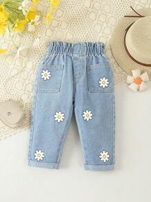 Đứa bé gái In hoa Nếp gấp cao eo Túi Kép Quần jean - Rửa nhẹ - Xem 1