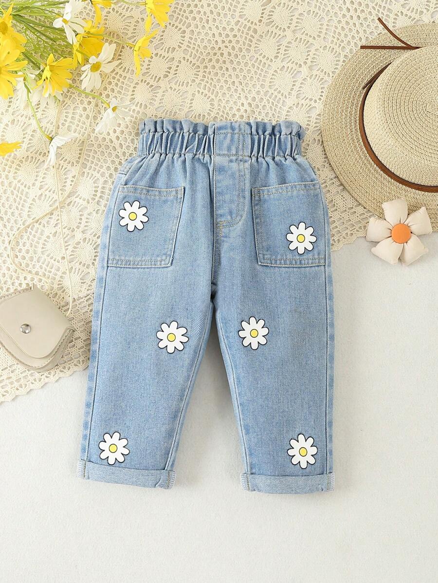 Đứa bé gái In hoa Nếp gấp cao eo Túi Kép Quần jean - Rửa nhẹ - Xem 1