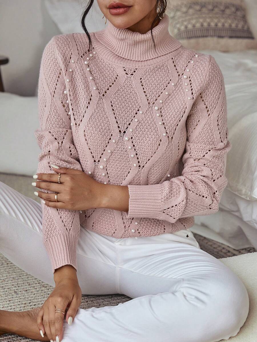 SHEIN LUNE Áo len dệt kim cao cổ Pointelle - Màu Hồng baby - Xem 1