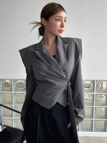 DAZY Business Casual Style Solid Color Wide Strap Wrap Blazer - Grey - View 1