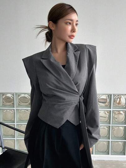 DAZY Business Casual Style Solid Color Wide Strap Wrap Blazer