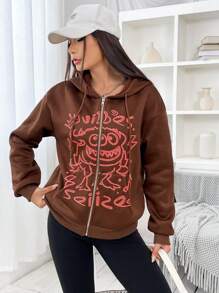 SHEIN EZwear 圖案印花拉鏈開襟抽繩加絨內裏連帽衫 - 棕色 - 查看 5