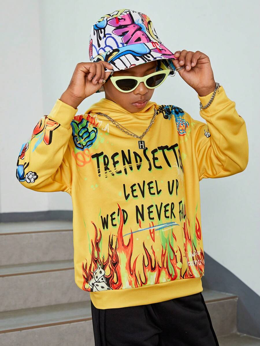Tween Boy Slogan & Fire Print Hoodie & Hat - Yellow - View 1