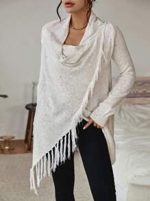 SHEIN Clasi Draped Collar Fringe Trim Asymmetrical Hem Sweater - Apricot - View 4