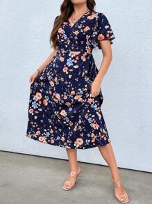 Calvaya Plus Floral Print Knot Side Dress - Blue - View 1