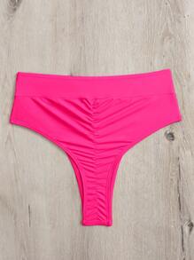 SHEIN Swim 夏季海滩褶饰高腰比基尼泳裤，度假泳装 - 玫紅色 - 查看 5