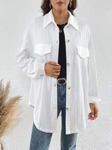 SHEIN LUNE Drop Shoulder Flap Detail Button Front Coat - White - View 4