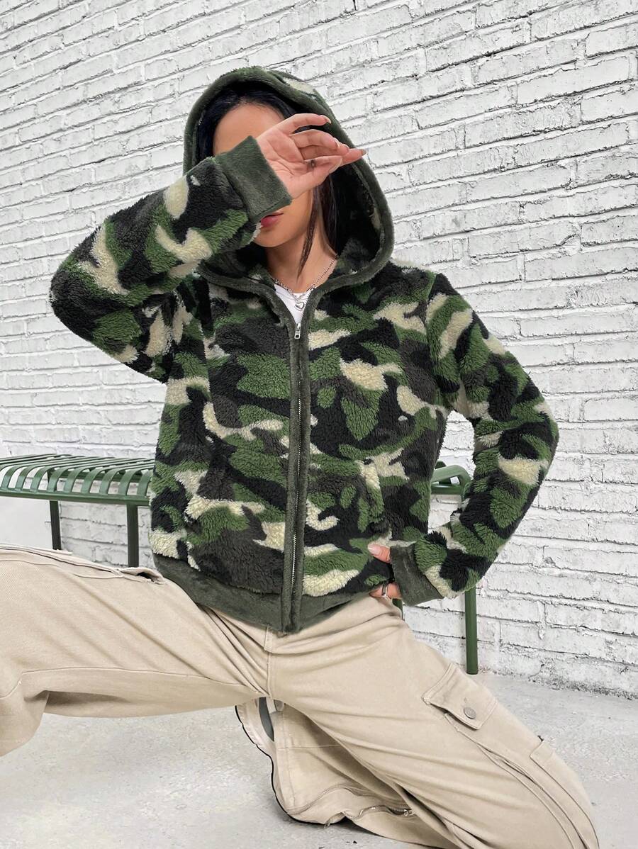 SHEIN Coolane Camo Print Zip Up Hooded Teddy Jacket - Army Green - View 1
