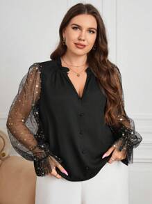 SHEIN Clasi 優雅網拼接 褶皺邊 前紐扣幾何加大襯衫 - 黑色 - 查看 5