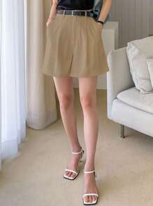 DAZY Slant Pocket Plicated Detail Wide Leg Shorts Without Belt - Camel - View 4