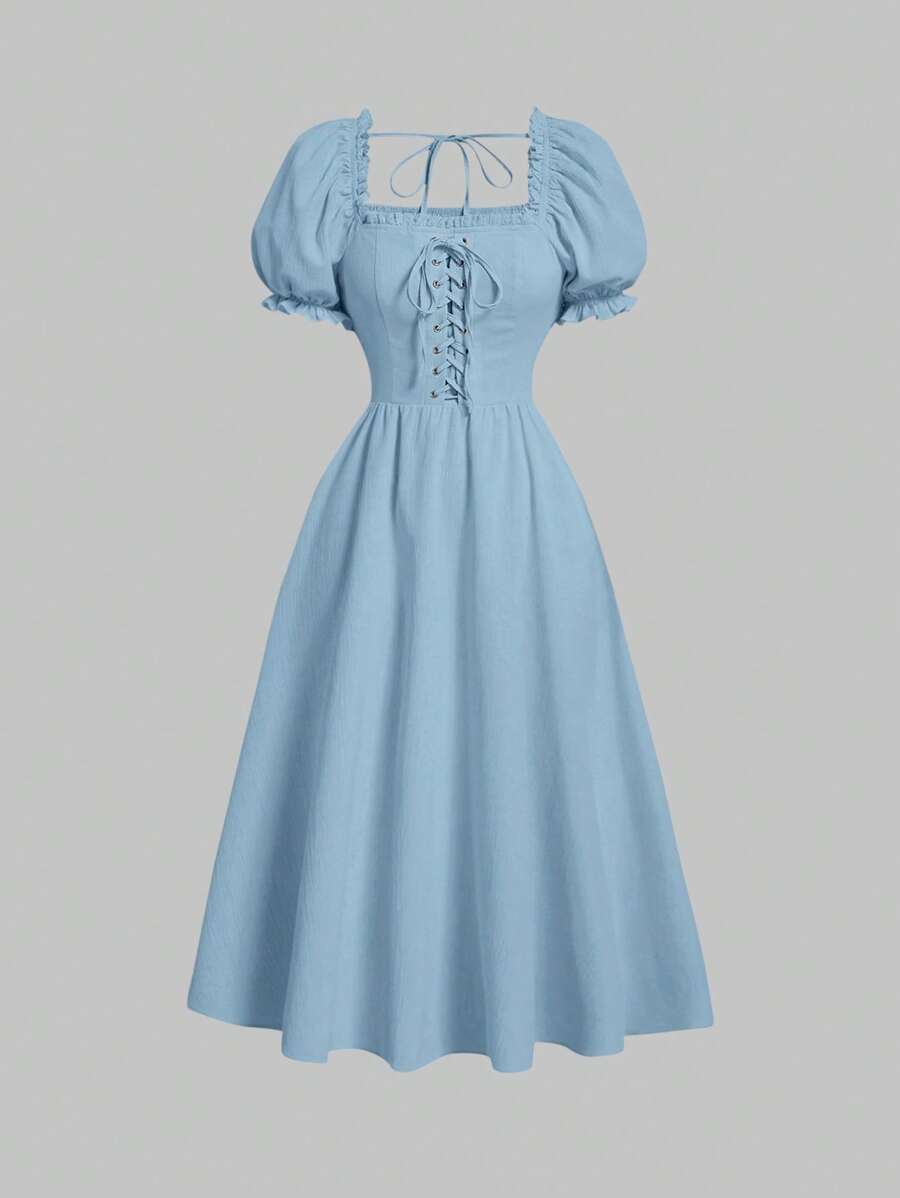 SHEIN MOD 素色前繫帶泡泡袖洋裝 - 淺藍色 - 查看 1