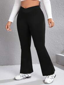 SHEIN EZwear Plus Solid Flare Leg Pants - Black - View 4