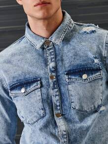 RueChic Men Ripped Raw Hem Flap Pocket Denim Jacket - Light Wash - View 4