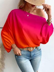 SHEIN LUNE Ombre Asymmetrical Neck Batwing Sleeve Blouse One Shoulder Top - Multicolor - View 4